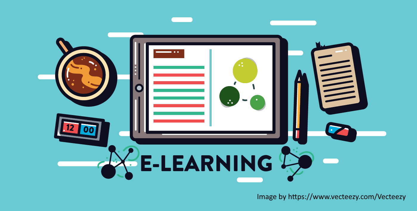 Flat illustration of e-learning concept with clock, pencil, clipboard, and digital icons