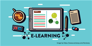 Flat illustration of e-learning concept with clock, pencil, clipboard, and digital icons